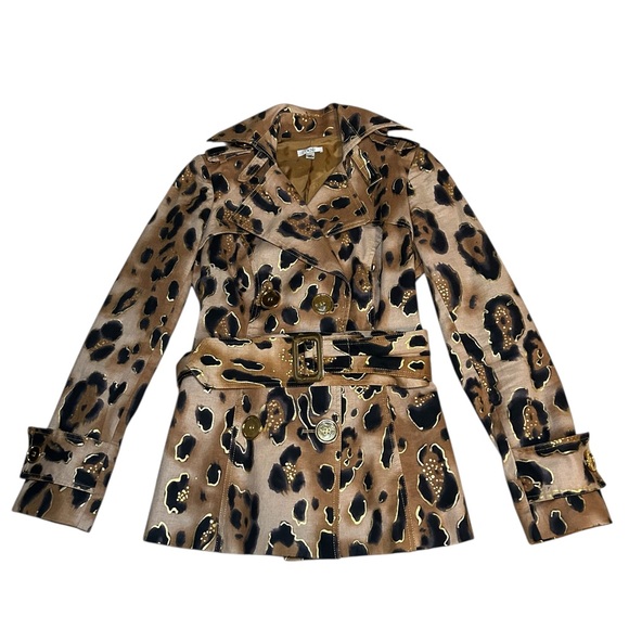 Cache Leopard Print Belted Double Breasted Trench Jacket with Gold Accents XS - Picture 8 of 12